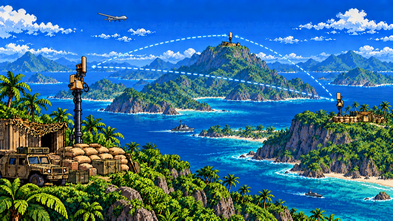 Pixel-art illustration of deployed PTP radio sites connected across distant tropical islands in an Indo-Pacific military setting with small vessels and an ISR drone