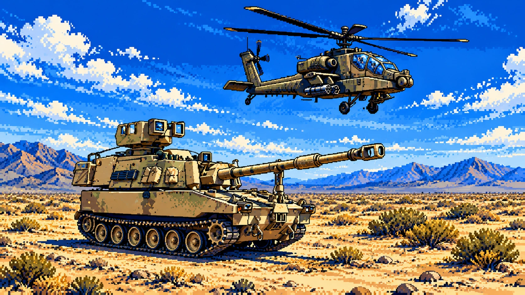 Pixel-art illustration of a Paladin self-propelled howitzer and Apache helicopter in a desert landscape
