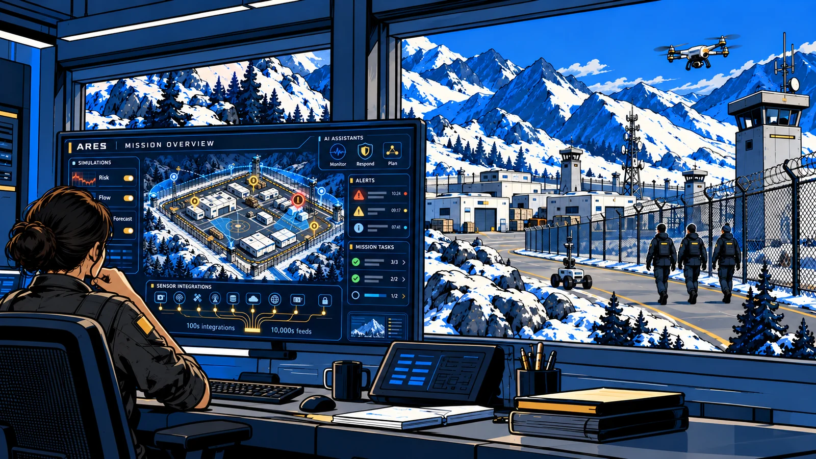 Illustrated ARES command dashboard integrating simulations, sensors and mission tasks with ground and aerial patrols