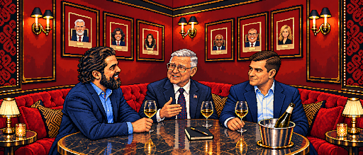 Pixel-art illustration of three men in conversation at Off the Record at the Hay-Adams