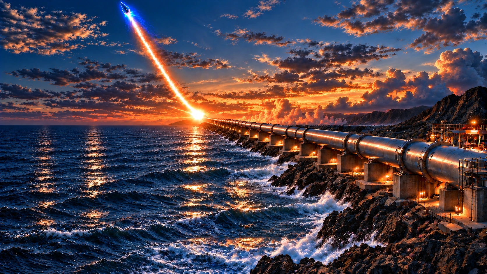 Coastal Longshot launcher firing a glowing projectile over the ocean at dusk