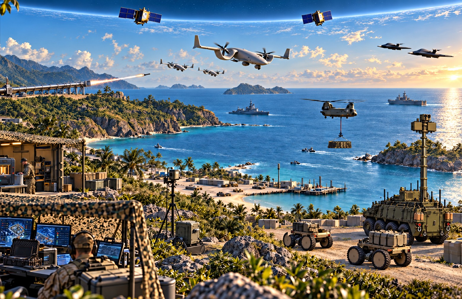 Coastal mission illustration with satellites, aircraft, a cargo helicopter, field equipment, and ground vehicles.