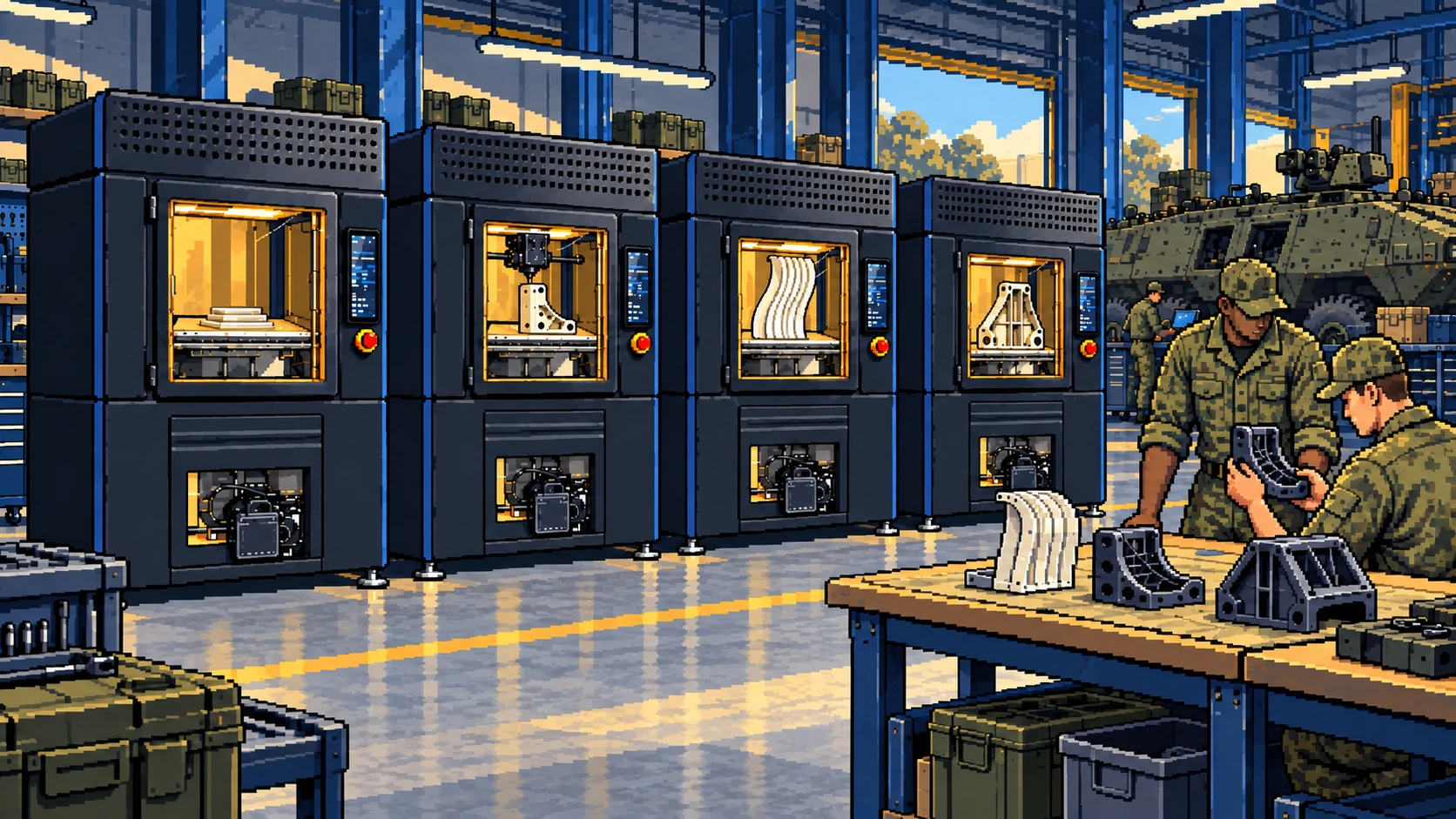 A farm of AON3D HYLO printers with parts at different stages of completion in a military depot