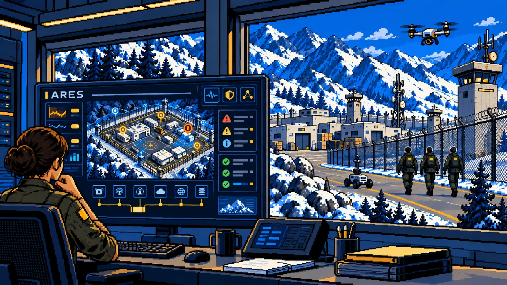 Illustrated ARES command dashboard unifying AI assistants, simulations, sensor feeds and mission tasks, with ground and aerial drones supporting a patrol