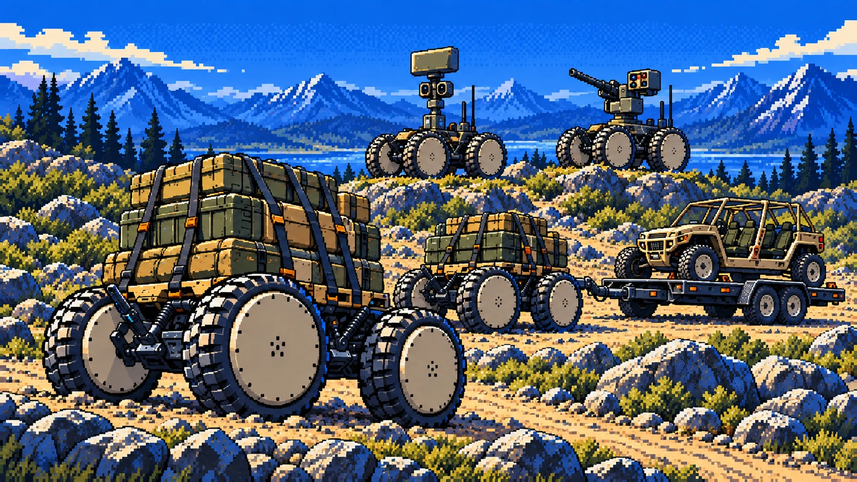 AZAK fleet with palletized cargo, an ISV on a towed trailer, and paired counter-UAS sensor and effector vehicles