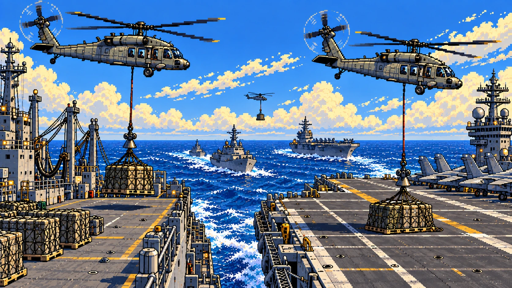 Navy helicopters using BOLAS to pick cargo up from a supply ship and set cargo down on a receiving ship underway