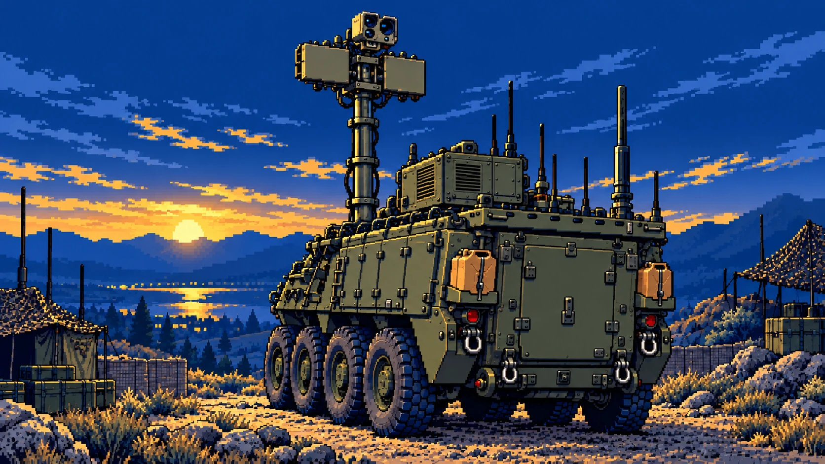 Closed Stryker with a compact opaque roof-mounted APU and elevated sensor mast