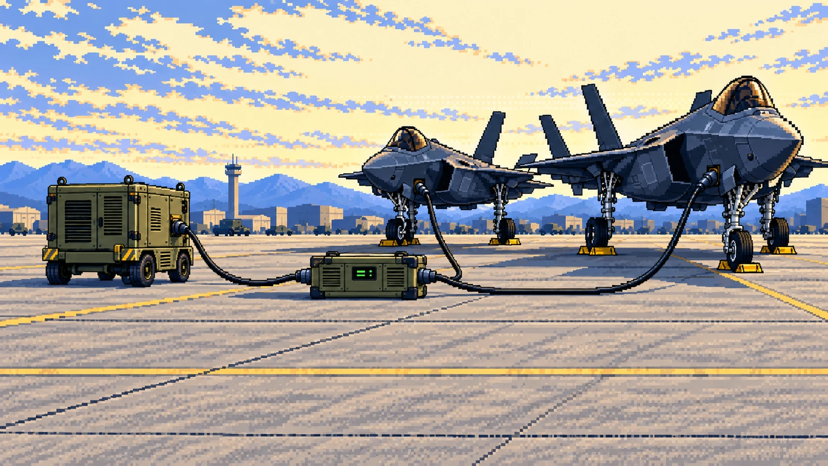 Wider flightline scene with generator and enclosed RPeM in the midground, display and carrying handles, supplying two F-35 aircraft