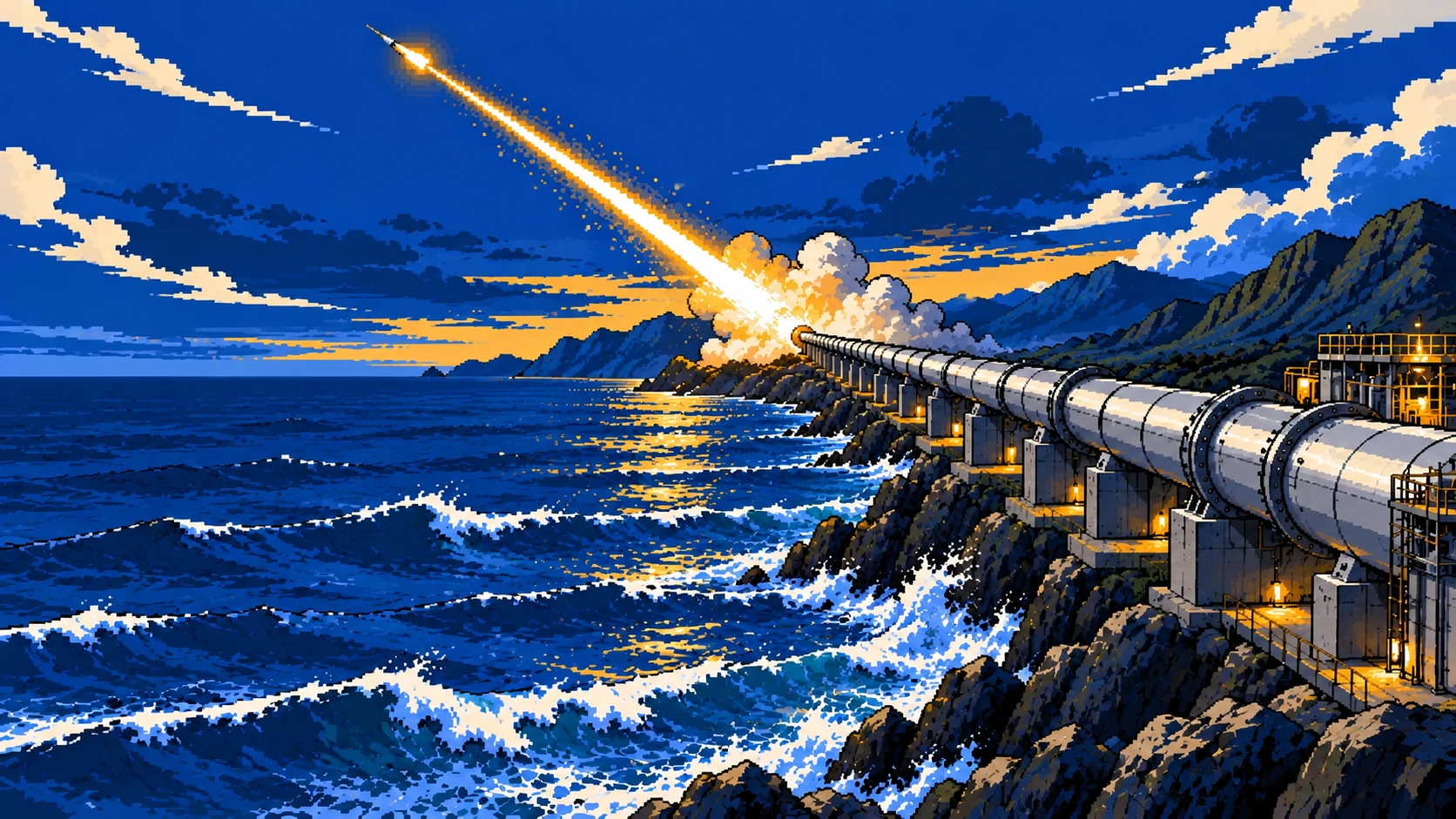 Concept illustration of a long, low-mounted Longshot accelerator firing along a coastline