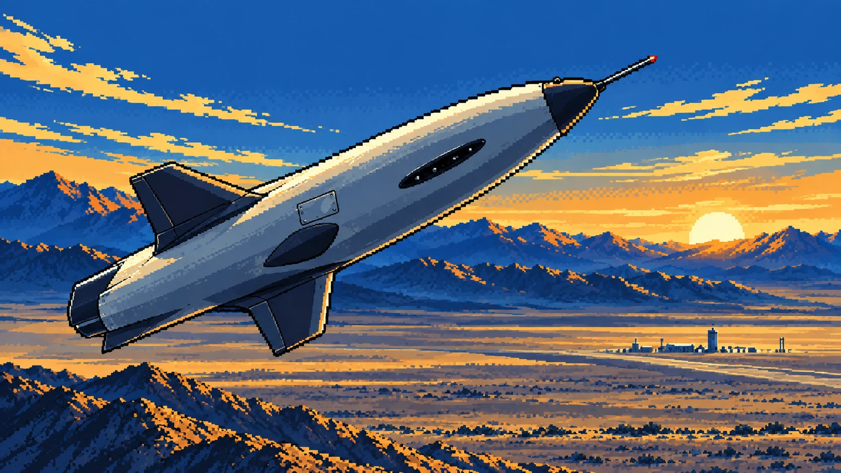 Mach Industries VIPER aircraft in flight toward a distant target range