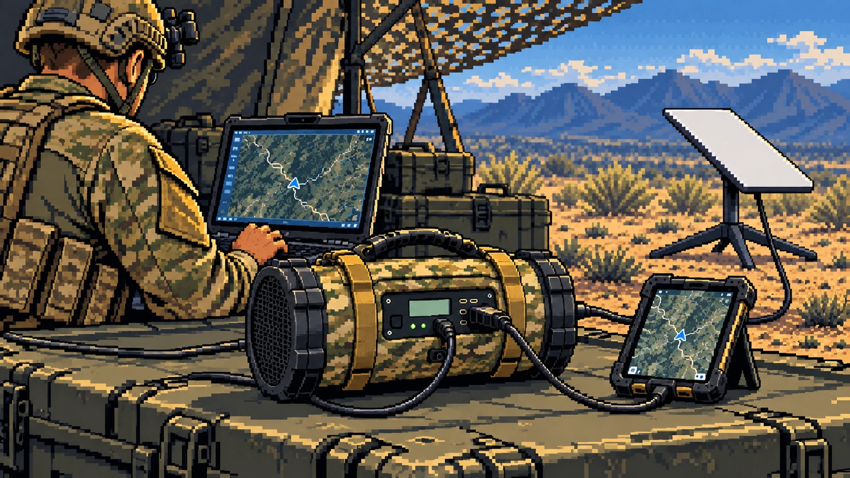 Mesodyne LightCell supplying a soldier’s Starlink terminal, ATAK device and laptop
