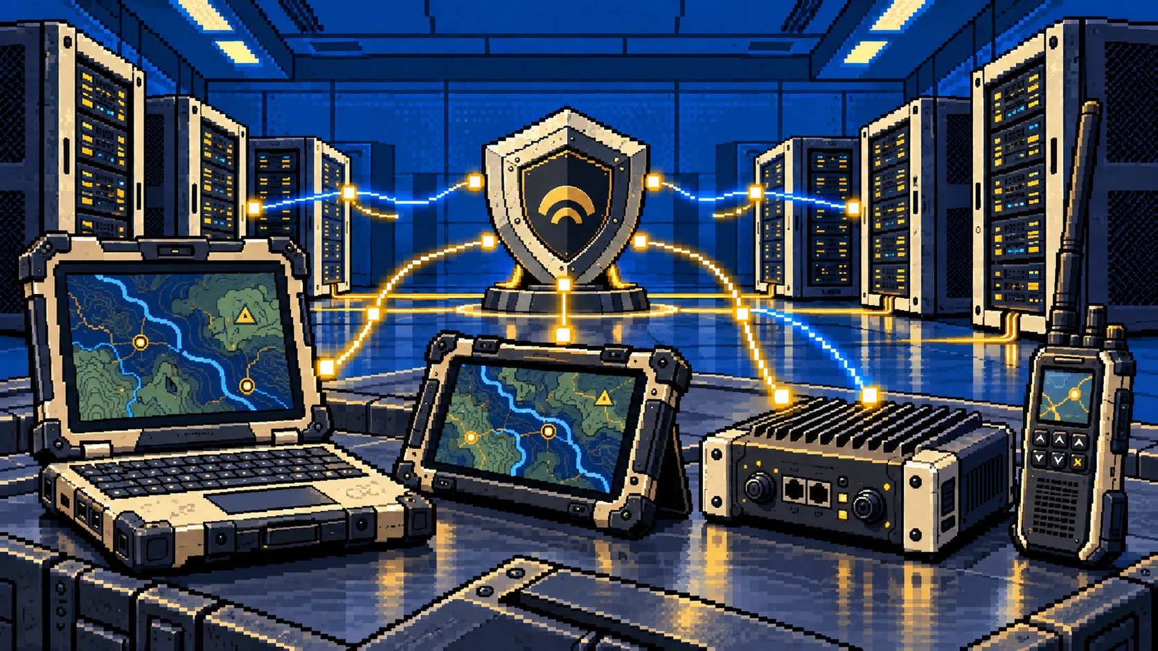 Post-quantum security illustration linking servers with a rugged laptop, tablet, edge gateway and tactical radio