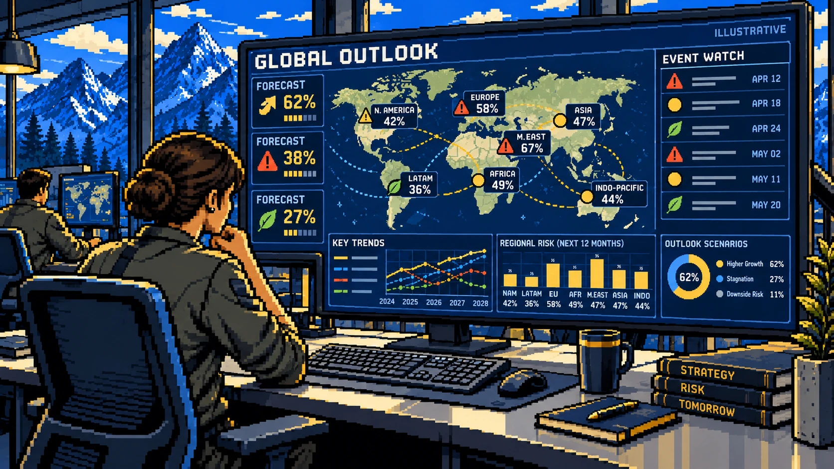 Illustrative global prediction tracker in a combatant-command-style analysis center