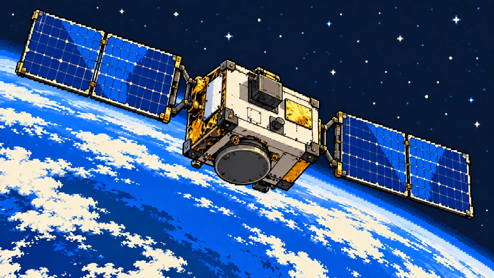 Cartoon concept of a compact satellite with two solar arrays above Earth