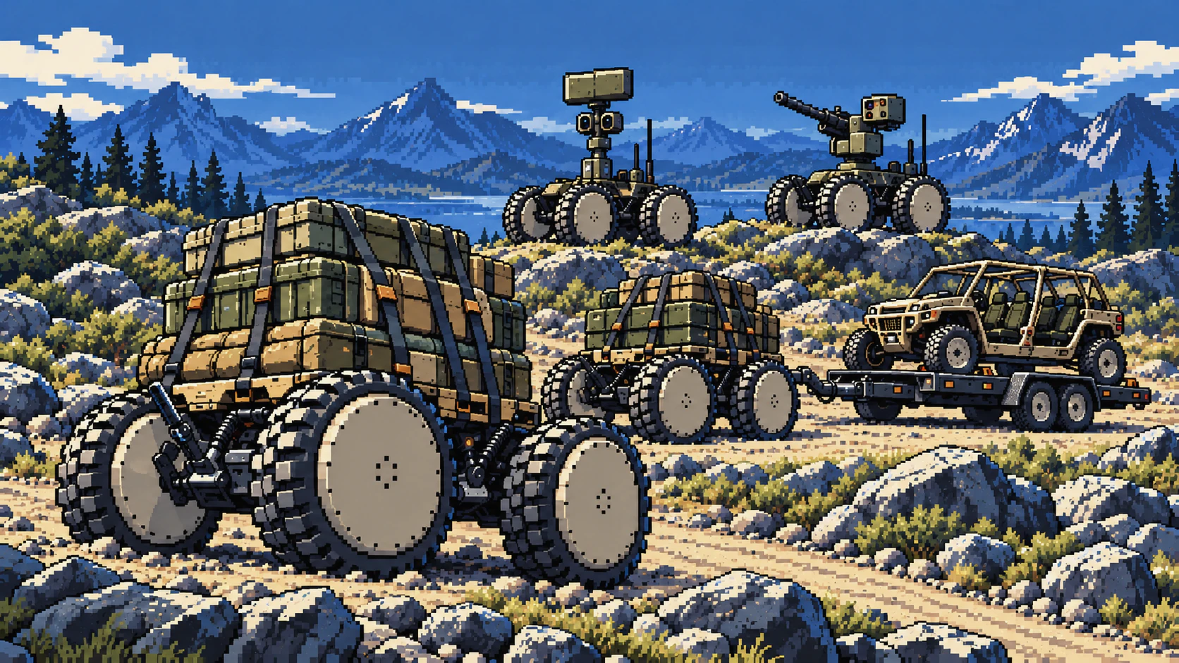AZAK fleet with palletized cargo, an ISV on a towed trailer, and paired counter-UAS sensor and effector vehicles