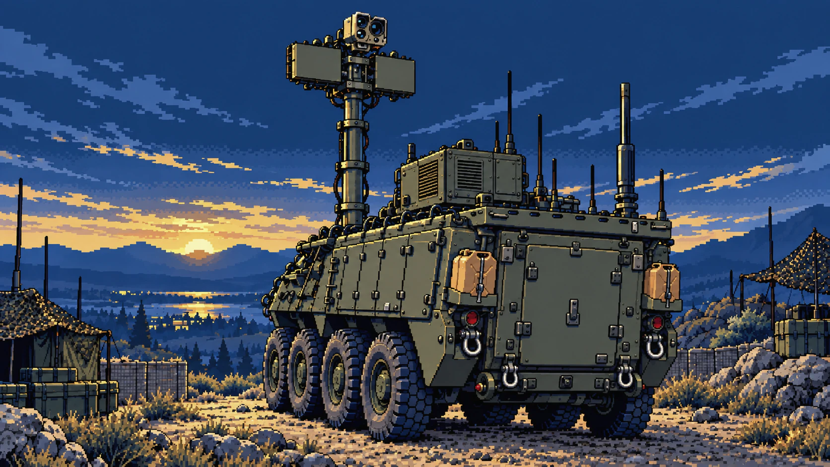 Closed Stryker with a compact opaque roof-mounted APU and elevated sensor mast