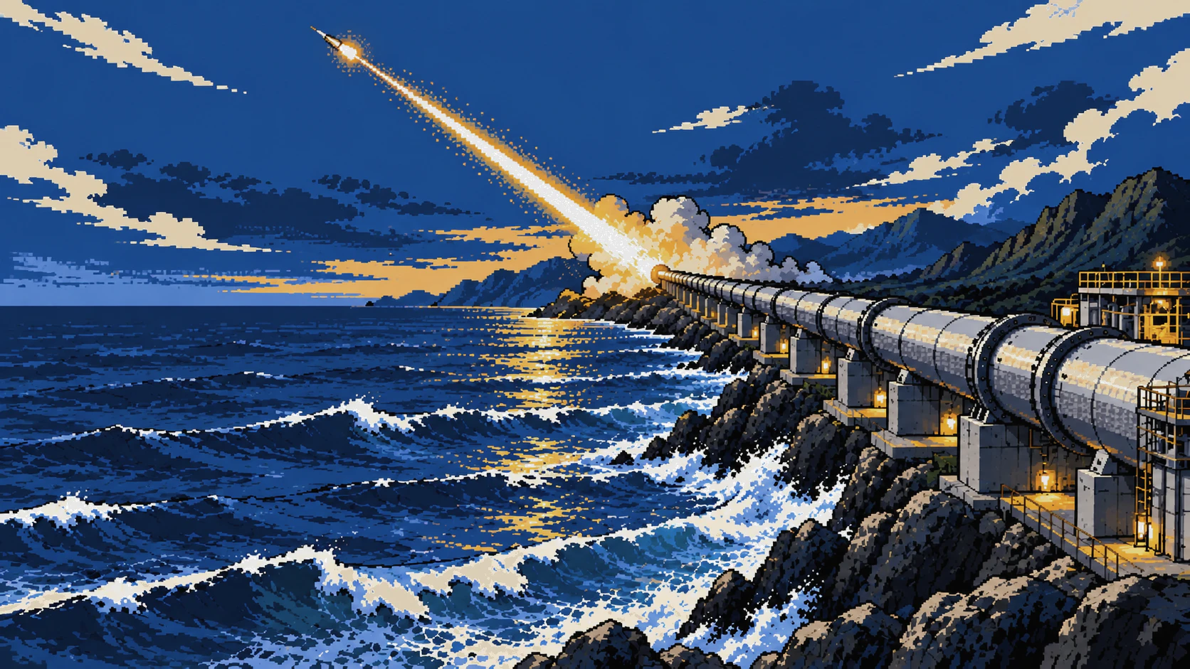 Concept illustration of a long, low-mounted Longshot accelerator firing along a coastline