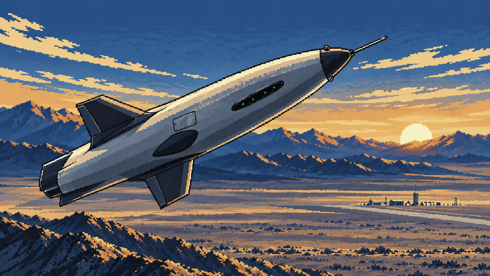 Mach Industries VIPER aircraft in flight toward a distant target range
