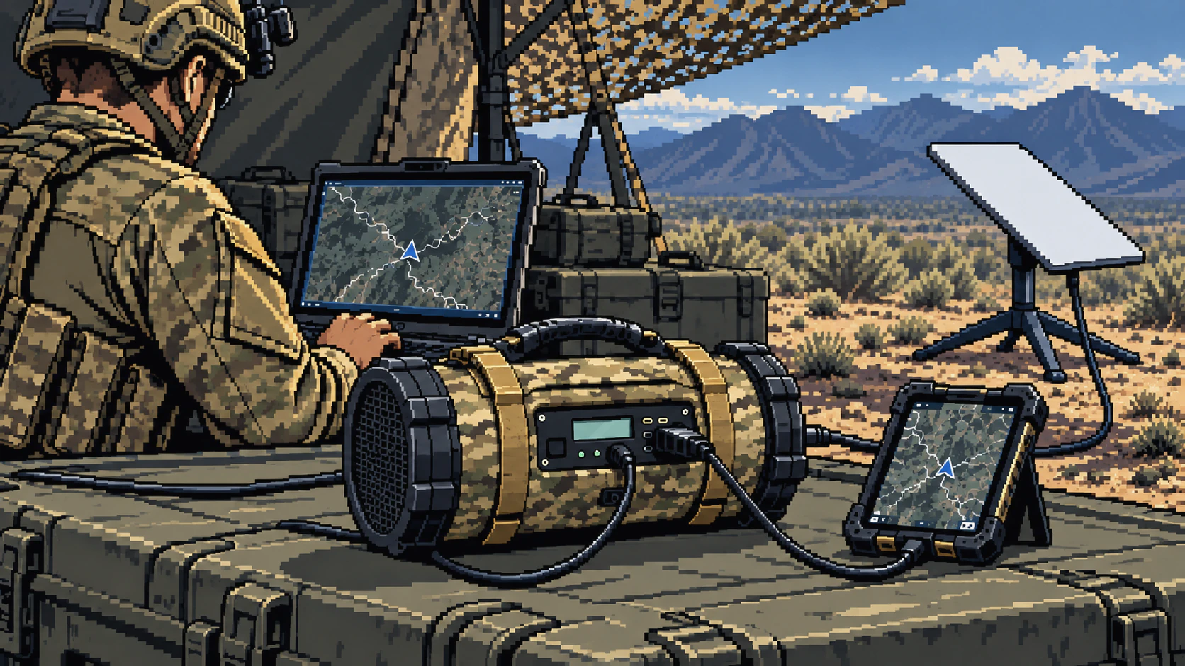 Mesodyne LightCell supplying a soldier’s Starlink terminal, ATAK device and laptop