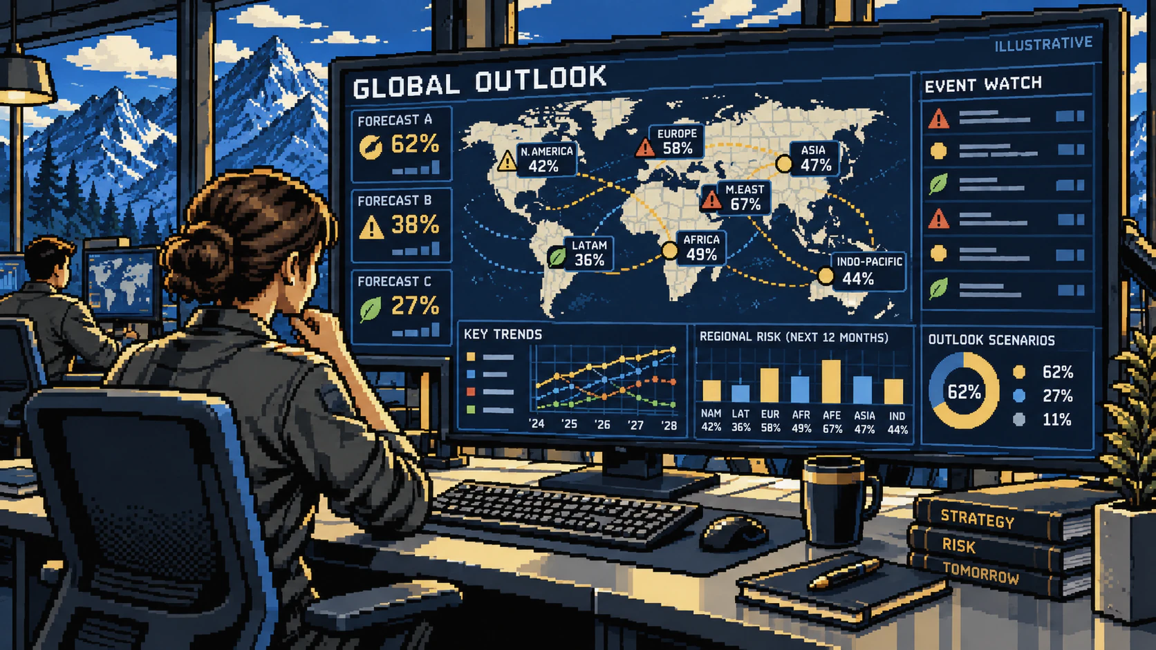 Illustrative global prediction tracker in a combatant-command-style analysis center